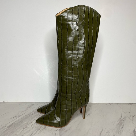 Schutz Maryana Military Green Crocodile Embossed Leather Tall Heeled Boot 5B - Picture 15 of 15